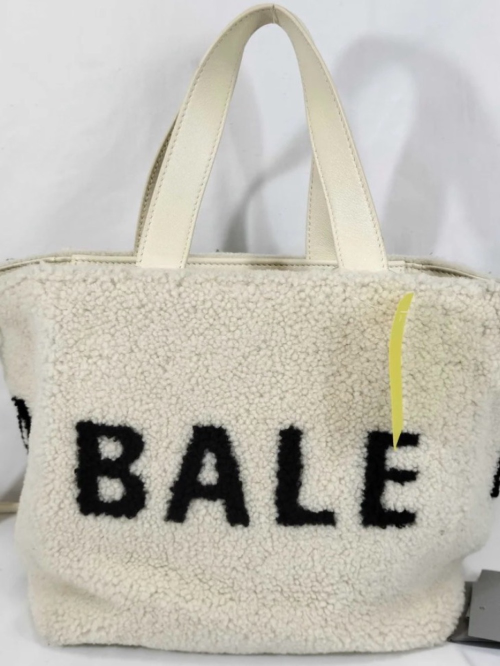 Balenciaga Cream Shearling Crossbody Tote with Black Lettering